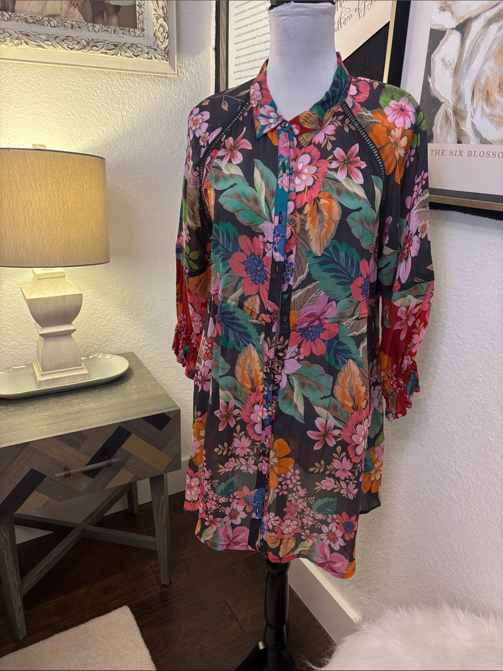 JOHNNY WAS Sheer Black Floral Button-Up Tunic